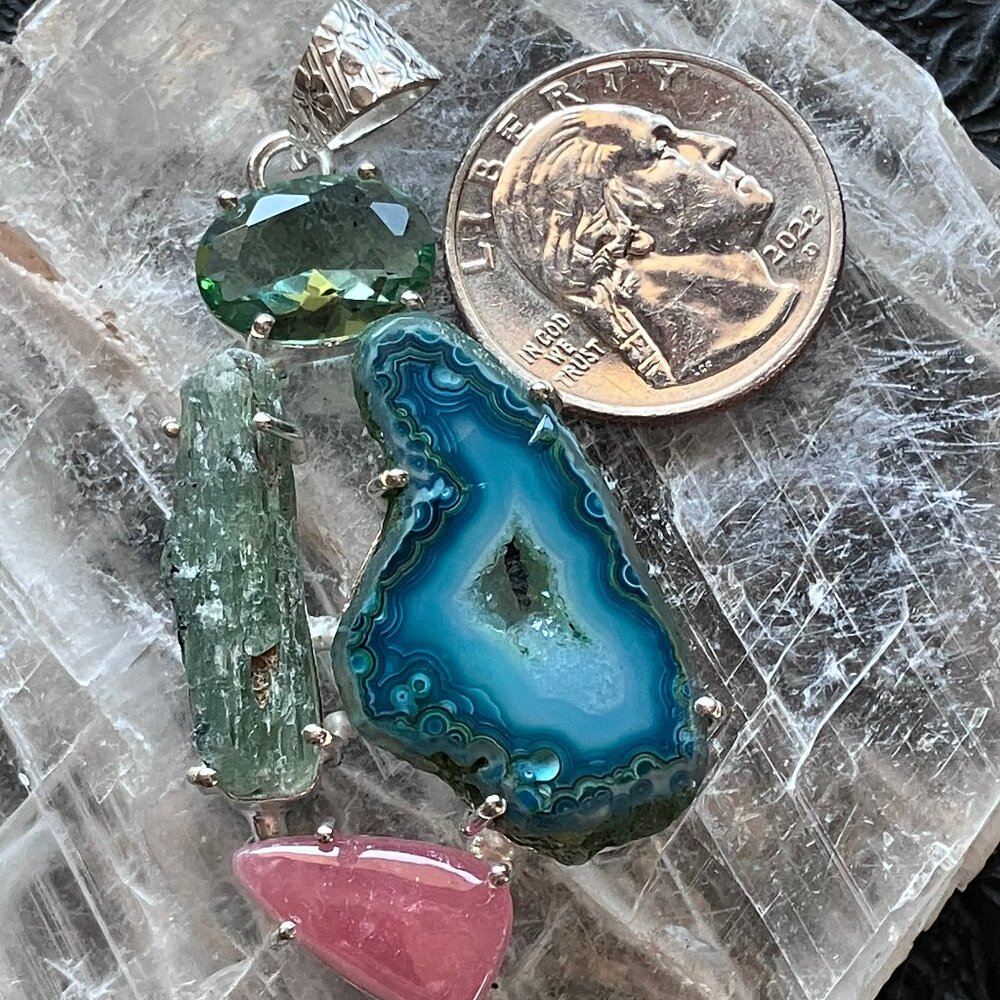 Peridot Agate Rhodochrosite And Green Kyanite Crystal Pendant